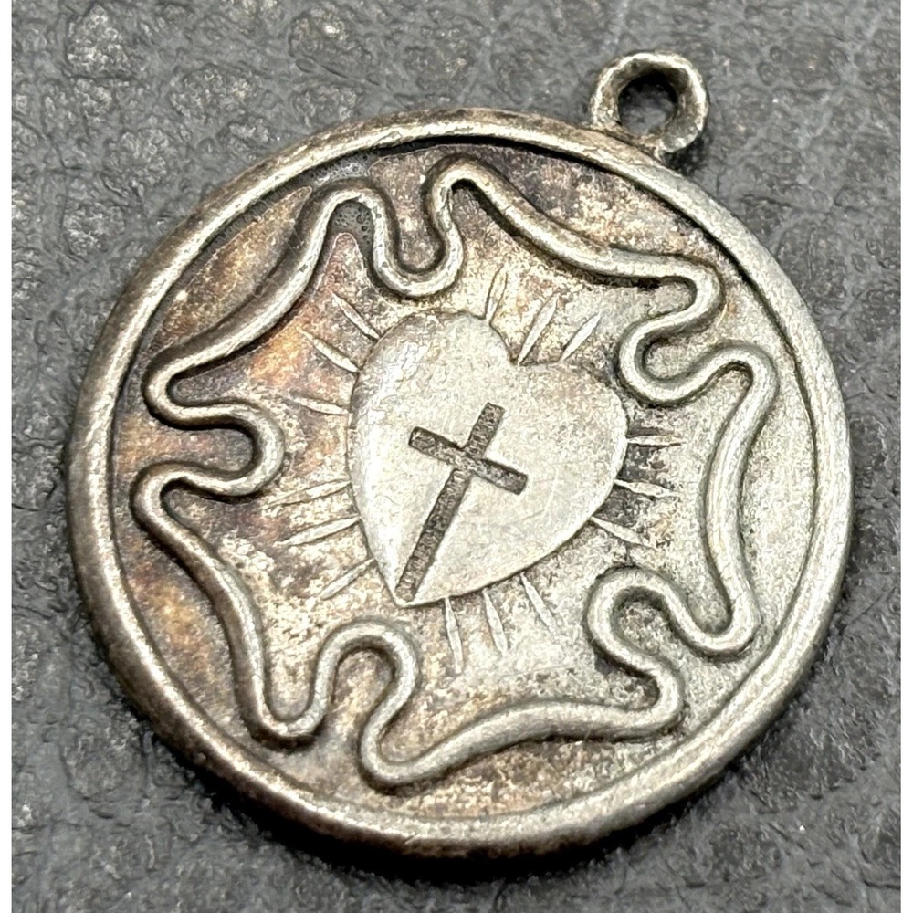 VTG Sterling Silver 925 Luther Rose Sacred Heart Cross Religious Medal Pendant